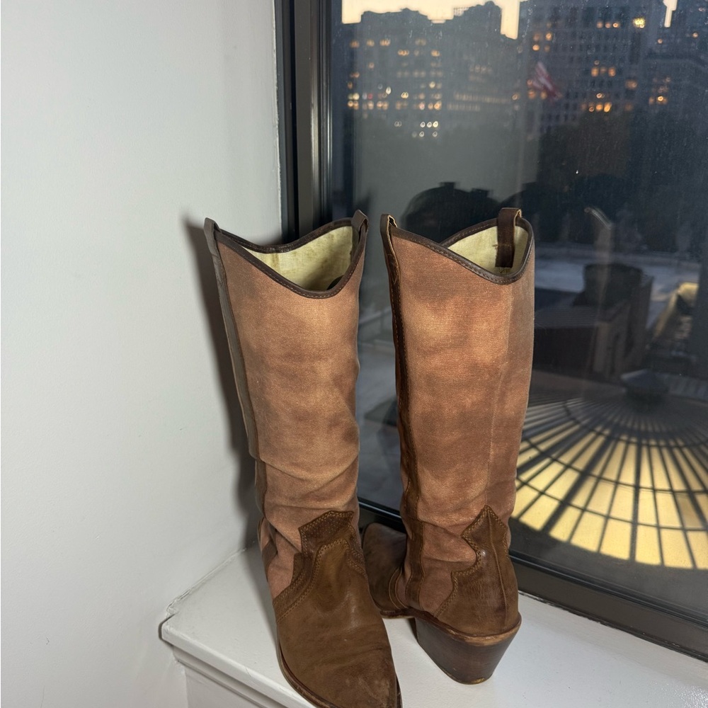 Dolce Vita Cowboy Boots in Distressed Brown Leather & Canvas – Minimal Wear